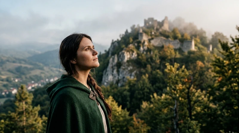 Ilustrație generată cu AI pentru adaptarea legendei: portret din profil al surorii asociate Deznei, purtând o mantie verde-închis cu agrafă de bronz, privind spre dealul împădurit al cetății.