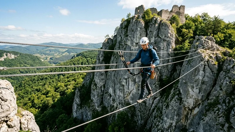 Podul indian suspendat de 25 m de pe traseul Via Ferrata Cetate Dezna, sub ruinele de pe Dealul Ozoiu